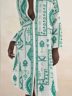 New Zara White Green Embroidered Tunic Shirt Dress Boho XL